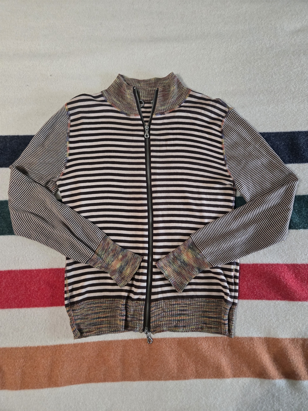 Vintage Silk & Cotton Striped Zip-Front Sweater One Girl Who